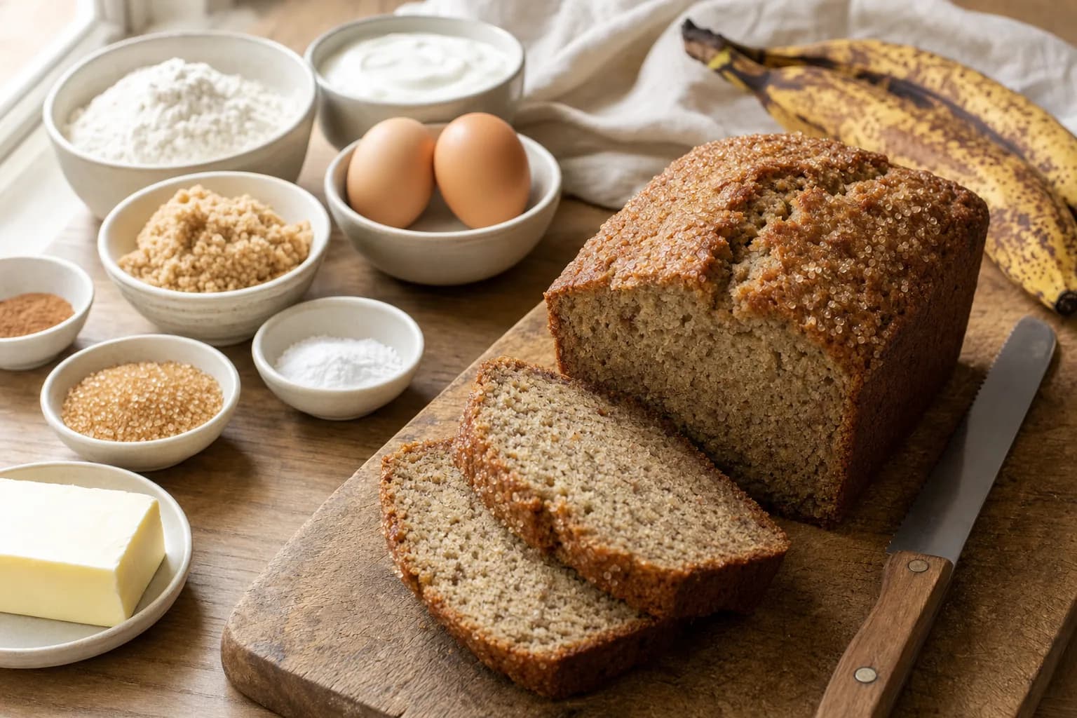 Sliced gluten-free banana bread loaf with a crackly sugar top on a wooden cutting board