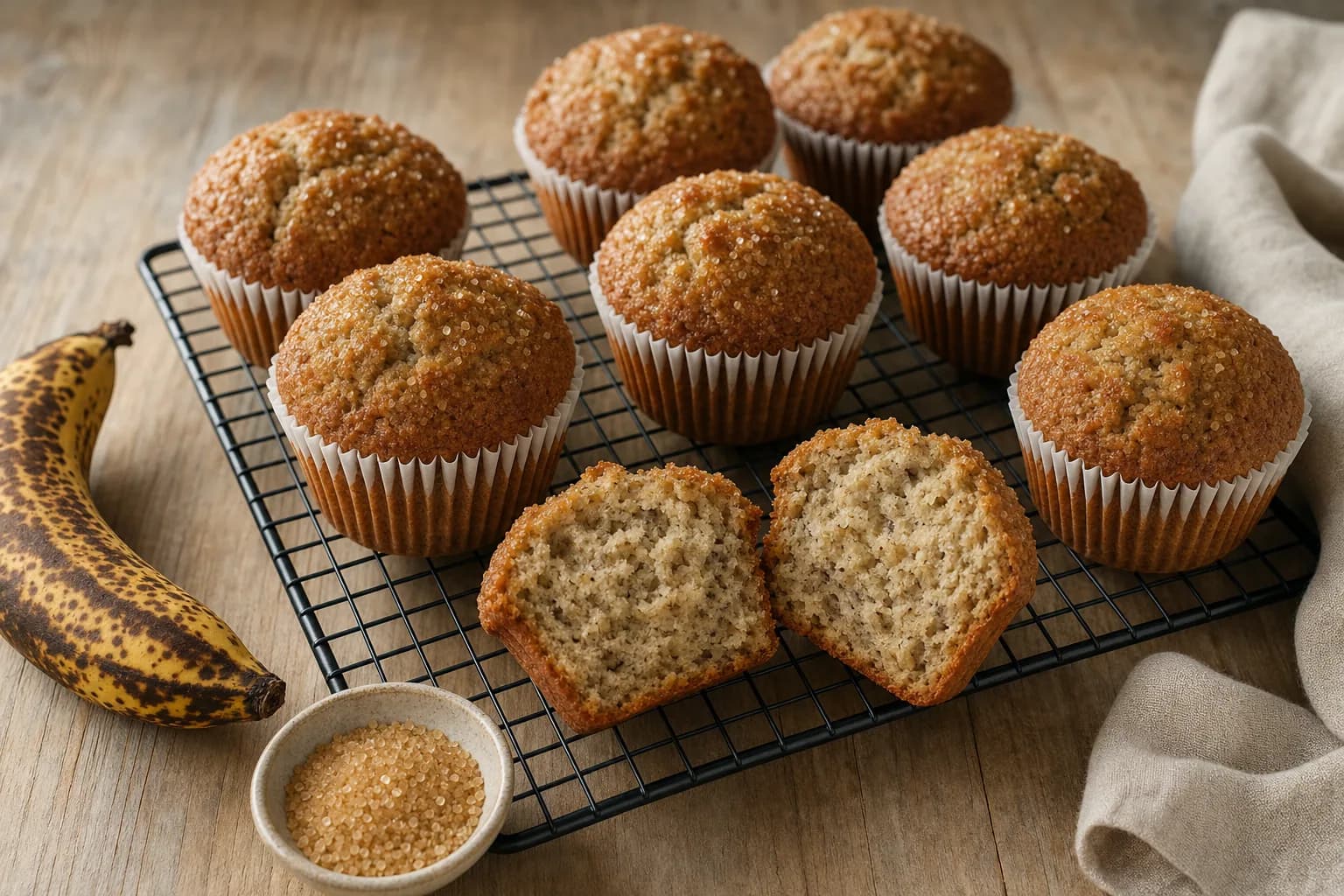 Golden gluten-free banana muffins with sugar-crusted domed tops cooling on a wire rack, one split open.