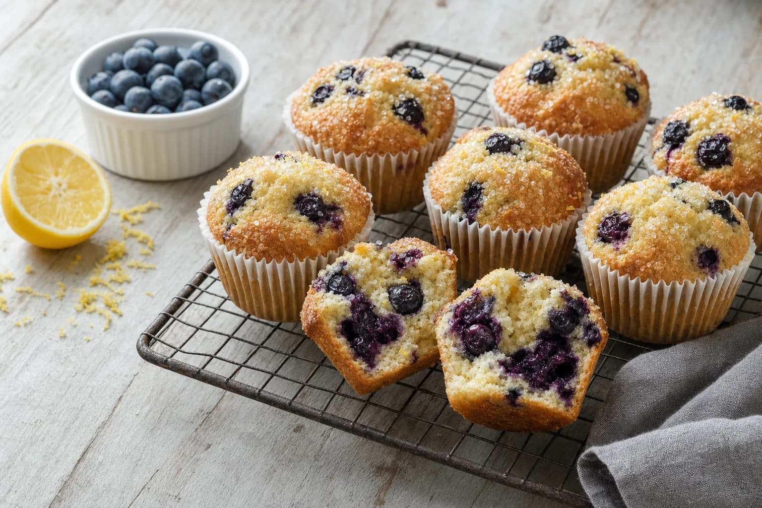 Golden gluten-free blueberry muffins with sparkling lemon sugar tops cooling on a wire rack.
