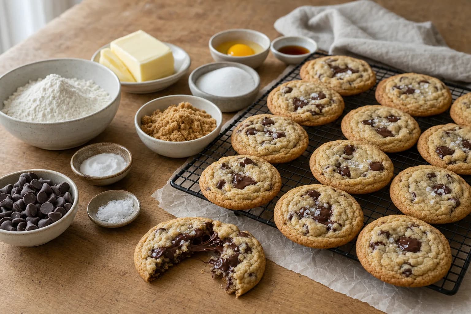 Chewy gluten-free chocolate chip cookies with golden edges and melted chocolate pools on a wire cooling rack.